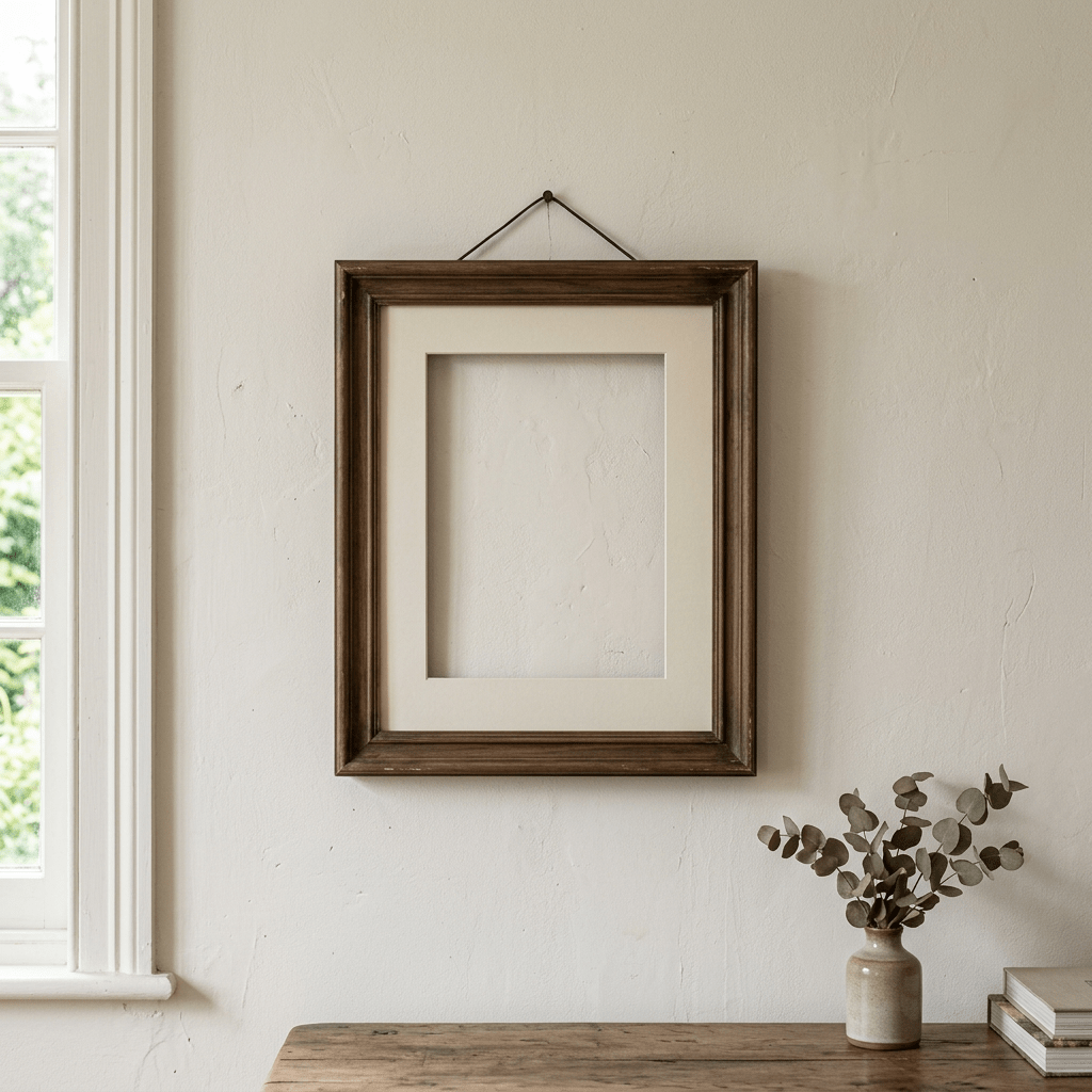 Empty wooden picture frame with mat on white textured wall